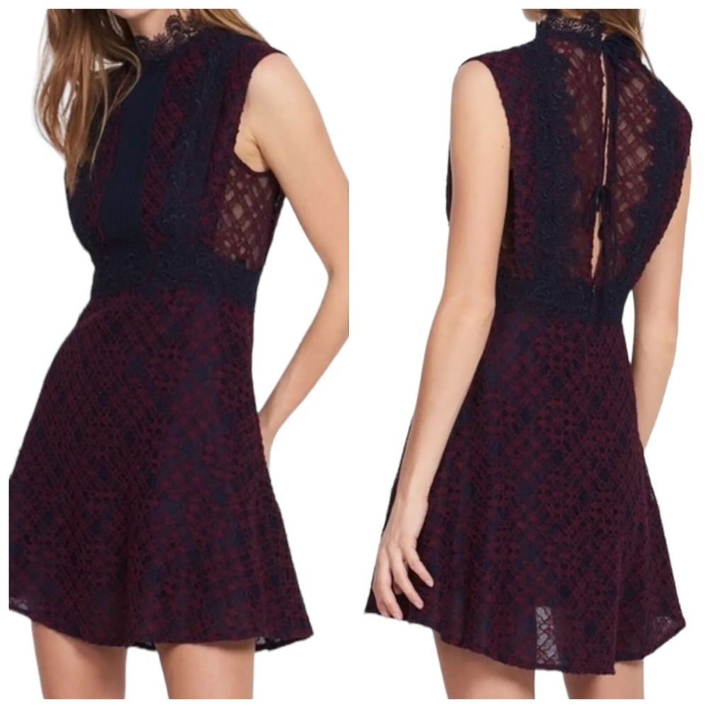 Few Moda New York Womens‎ L Burgundy Navy Lace Sleeveless Mockneck Mini Dress